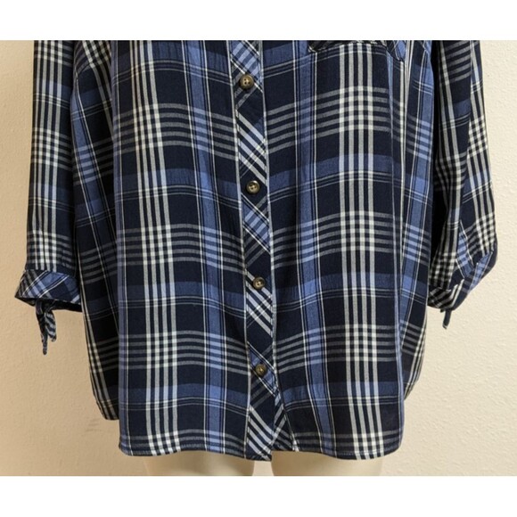 Women's J.JILL Denim Blue/White Plaid 3/4 Sleeve Viscose/Rayon Button-Up Shirt L - Picture 5 of 13